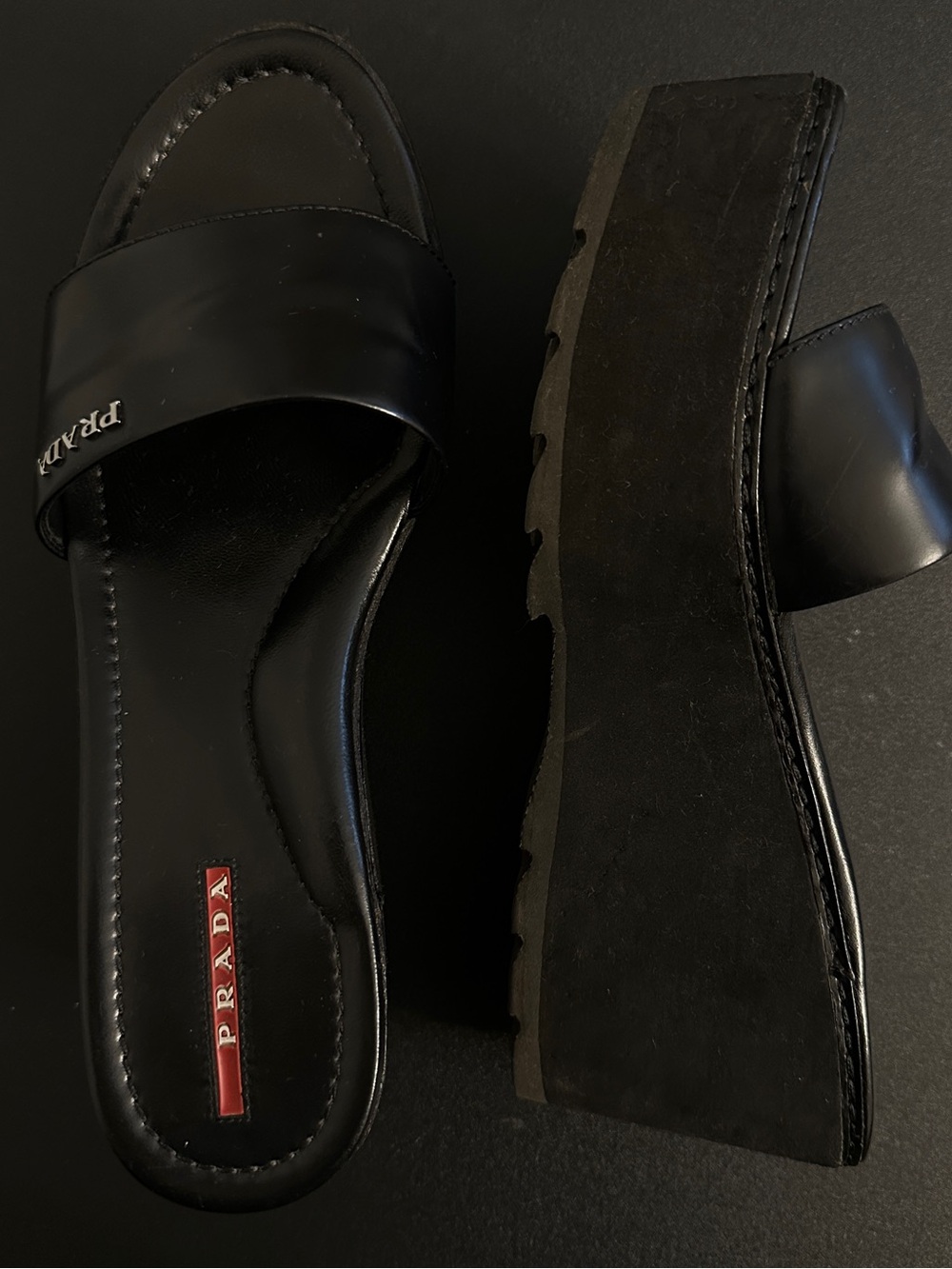 Prada Black Leather Slide Mules with Logo Plaque - Picture 4 of 4
